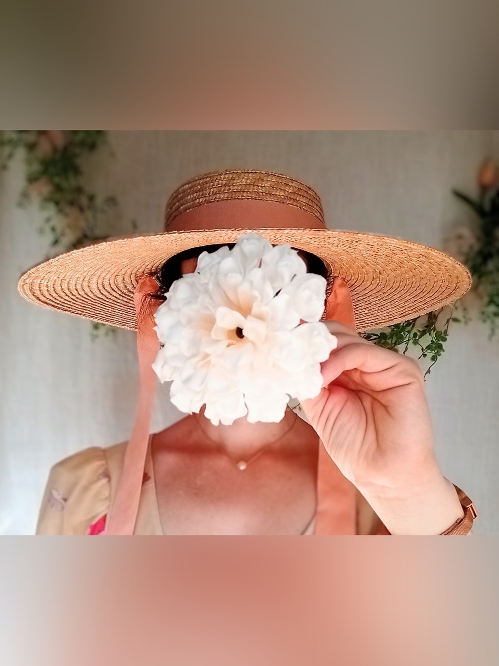 Anthro โ Wyeth Extended Wide Brim Boater Straw Hat with Tie Ribbon Chin Strap - Picture 6 of 17